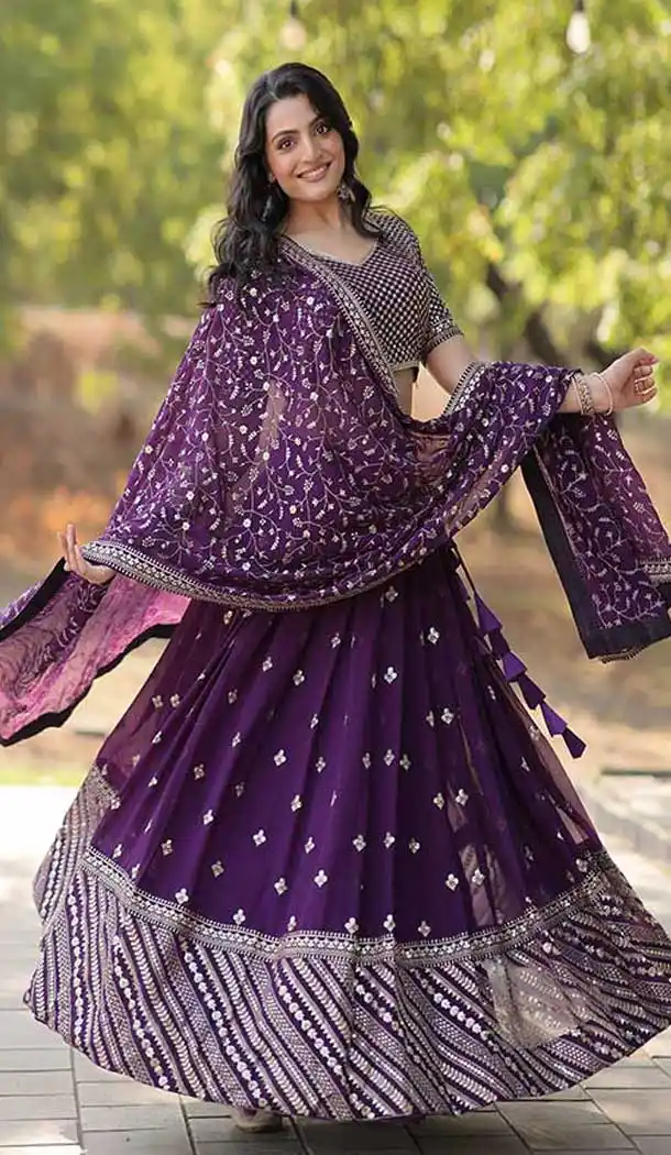 Faux Georgette Sequins Work Traditional Wear Lehenga Choli In Navy Blue -144999132