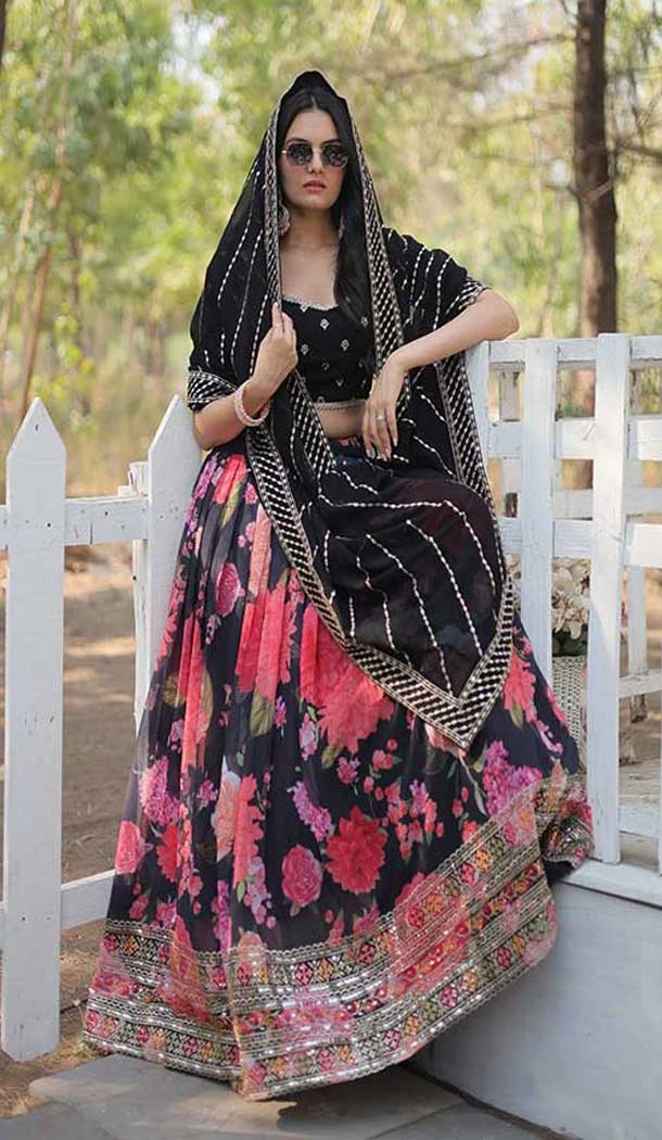 Faux Georgette Sequins Work Traditional Wear Lehenga Choli In Black -144999133