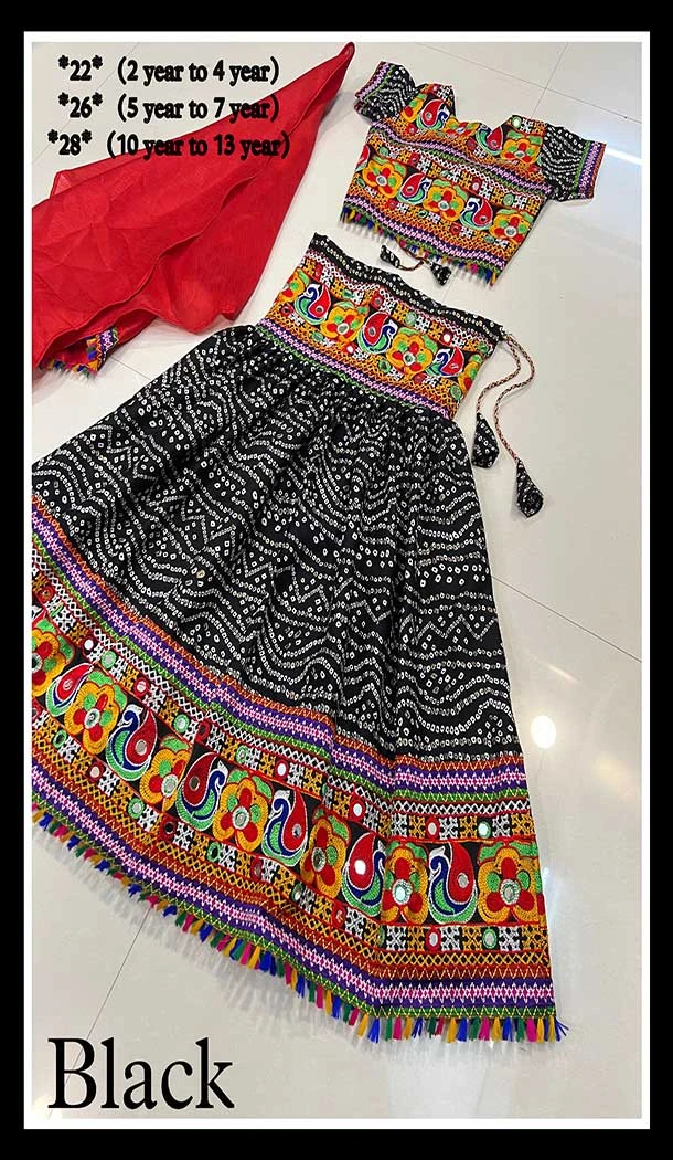 Cotton Bandhani Printed Work Navratri Chaniya Choli For Girls In Black -145169221