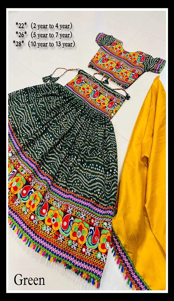 Cotton Bandhani Printed Work Navratri Chaniya Choli For Girls In Green -145169222