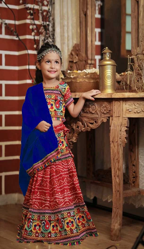 Cotton Bandhani Printed Work Navratri Chaniya Choli For Girls In Red -145169223