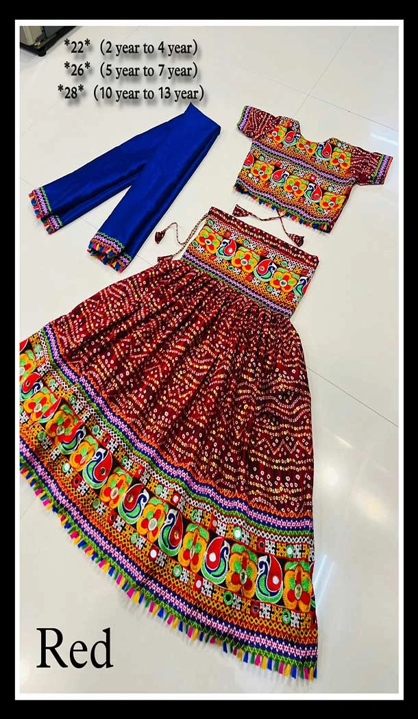 Cotton Bandhani Printed Work Navratri Chaniya Choli For Girls In Red -145169223