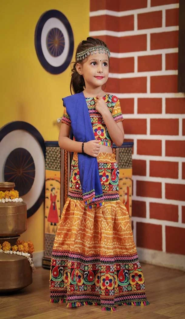 Cotton Bandhani Printed Work Navratri Chaniya Choli For Girls In Yellow -145169224