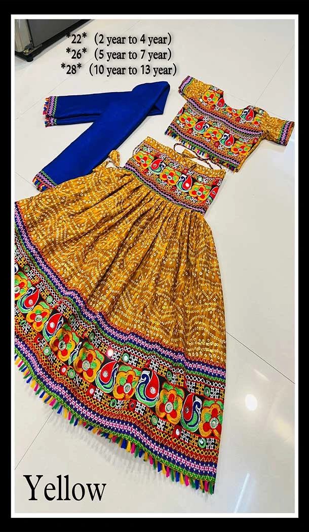 Cotton Bandhani Printed Work Navratri Chaniya Choli For Girls In Yellow -145169224
