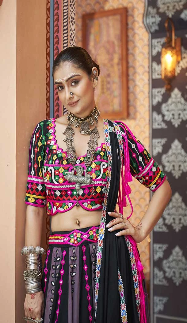 Black Viscose Rayon Designer Mirror Work Navratri Chaniya Choli -145279296