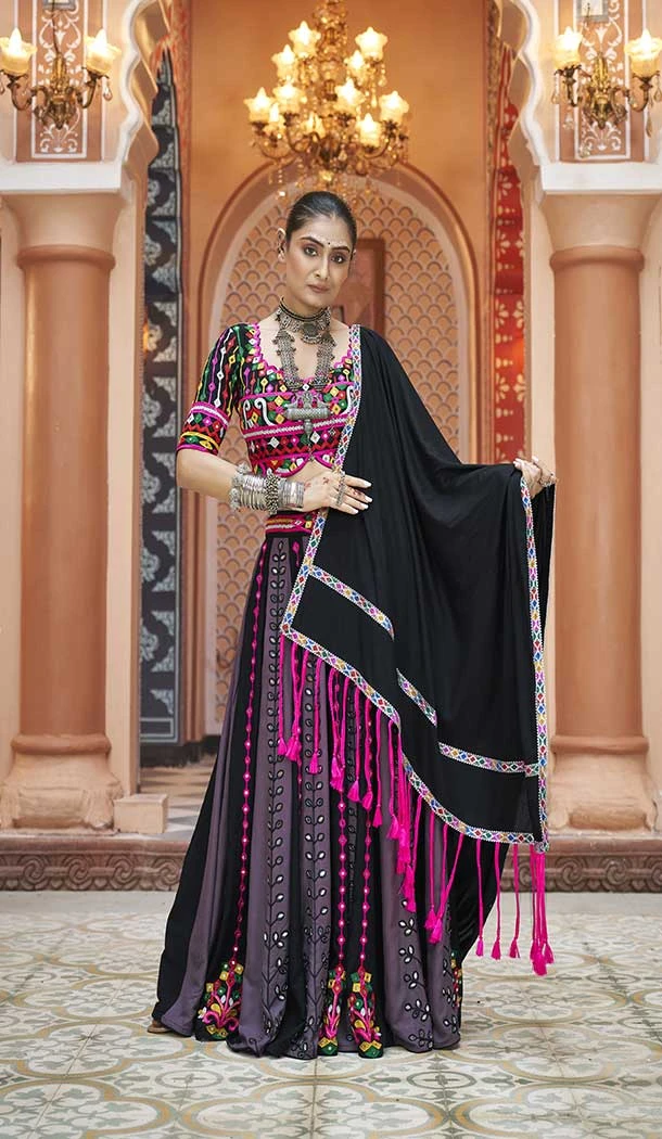 Black Viscose Rayon Designer Mirror Work Navratri Chaniya Choli -145279296
