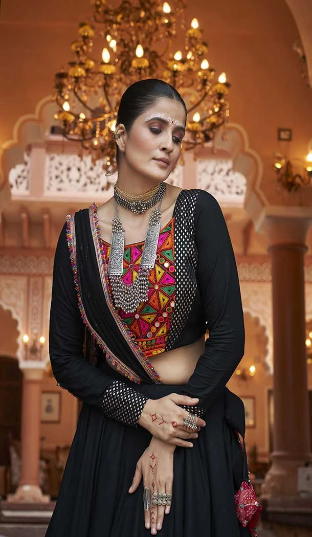 Viscose Rayon Designer Mirror Work Black Navratri Chaniya Choli -145279297