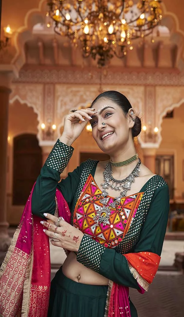 Viscose Rayon Designer Mirror Work Navratri Chaniya Choli In Green -145279298