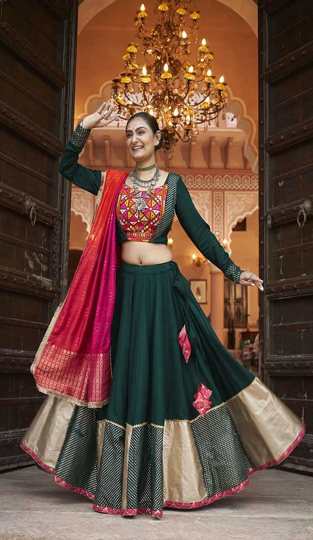Viscose Rayon Designer Mirror Work Navratri Chaniya Choli In Green -145279298