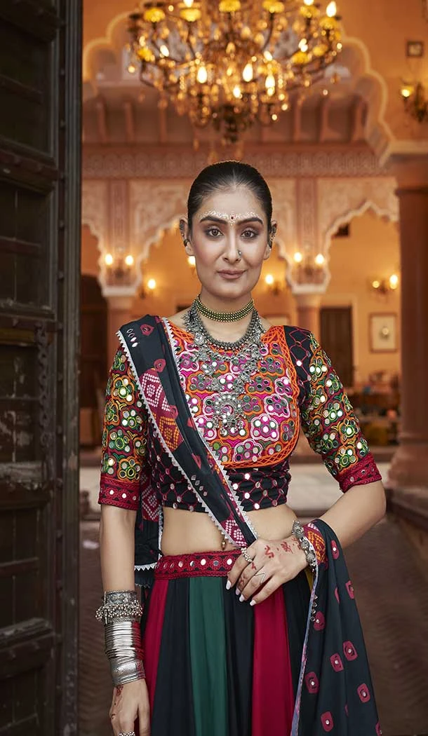 Viscose Rayon Multi Color Designer Mirror Work Navratri Chaniya Choli -145279300