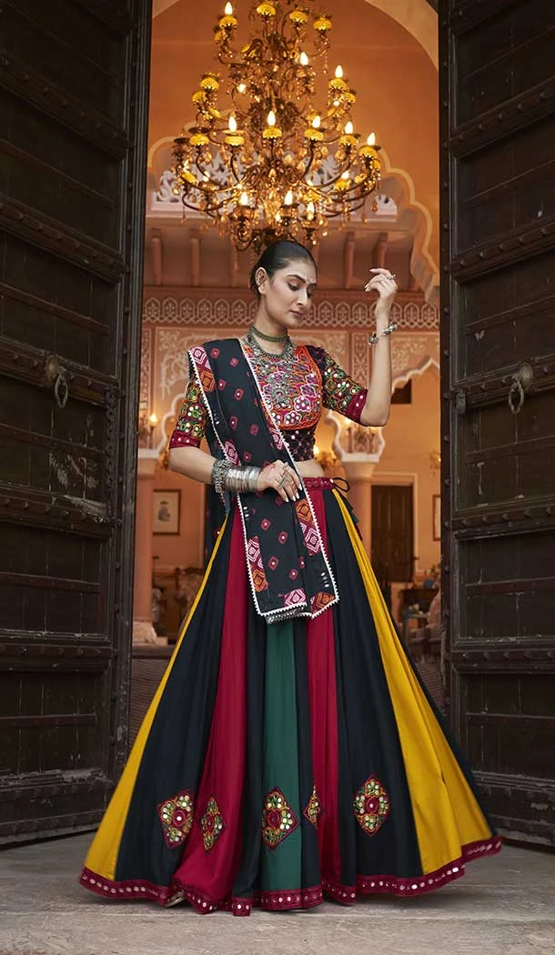 Viscose Rayon Multi Color Designer Mirror Work Navratri Chaniya Choli -145279300