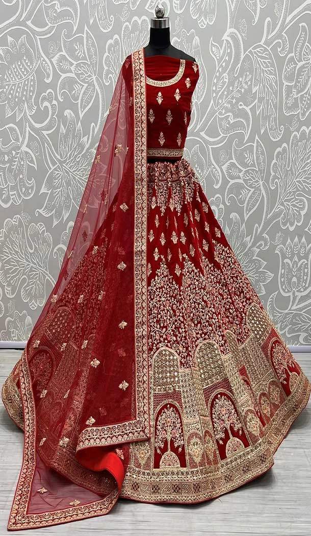 Velvet Diamond Work Designer Wedding Wear Lehenga Choli In Red -145369333