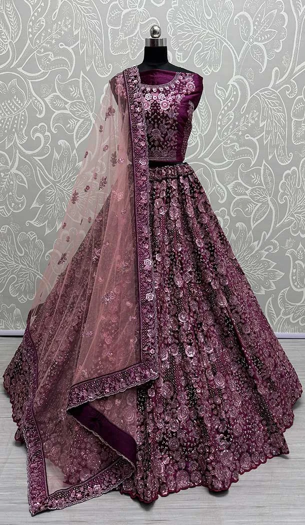 Net Embroidery Work Designer Wedding Wear Lehenga Choli In Purple -145369334