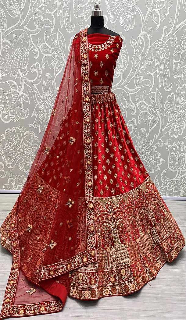 Red Velvet Diamond Work Designer Wedding Wear Lehenga Choli -145369336