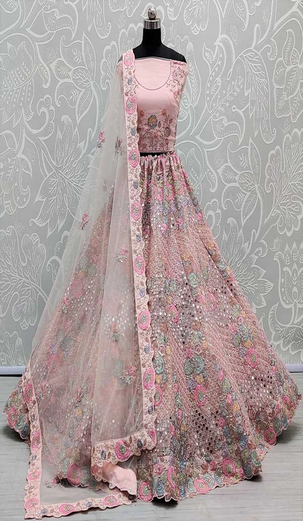 Net Diamond Work Designer Wedding Wear Lehenga Choli In Pink -145369337