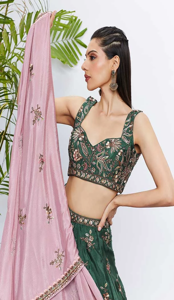 Chiffon Embroidery Work Sangeet Ceremony Lehenga Choli In Green -145409362