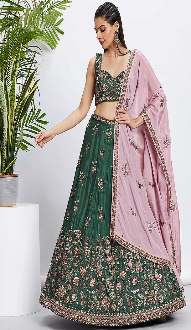 Chiffon Embroidery Work Sangeet Ceremony Lehenga Choli In Green -145409362