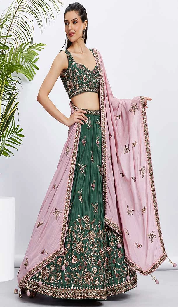 Chiffon Embroidery Work Sangeet Ceremony Lehenga Choli In Green -145409362