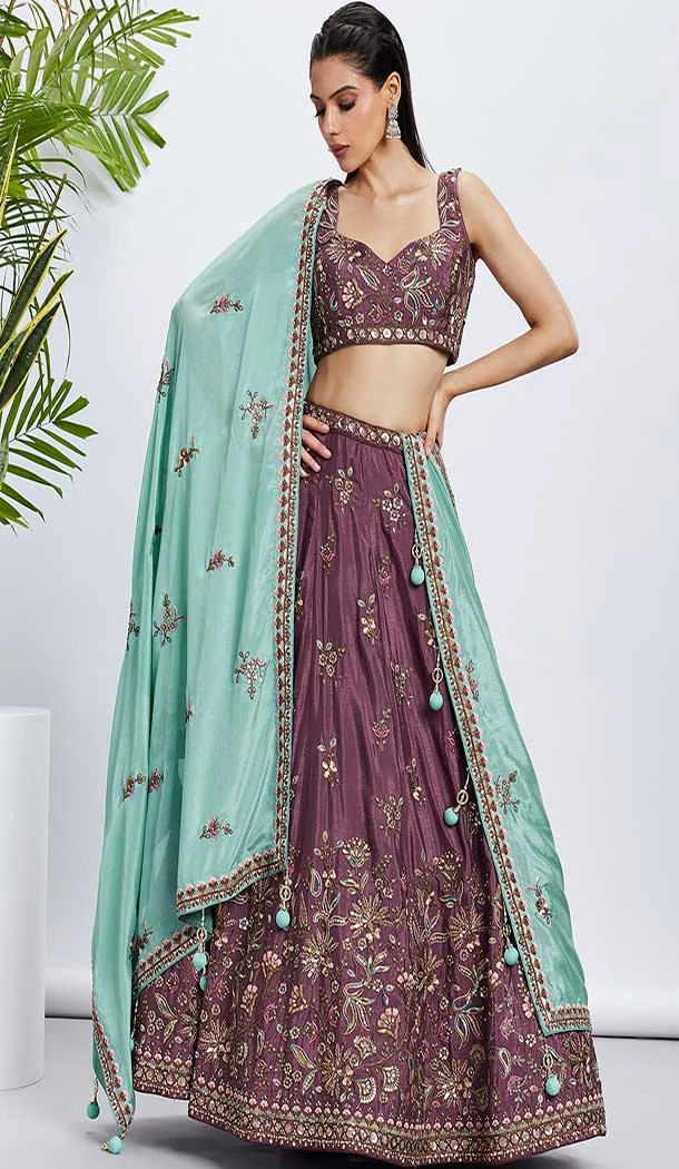 Chiffon Embroidery Work Sangeet Ceremony Lehenga Choli In Rose Gold -145409363