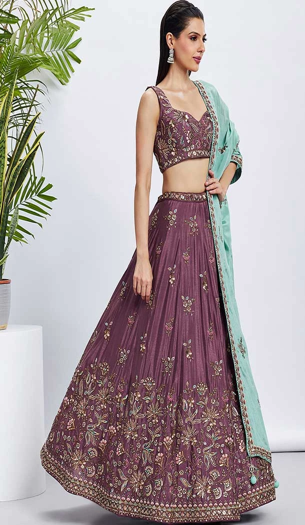 Chiffon Embroidery Work Sangeet Ceremony Lehenga Choli In Rose Gold -145409363