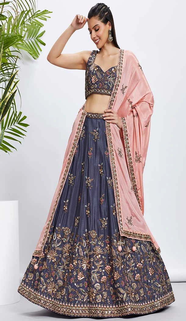 Chiffon Embroidery Work Sangeet Ceremony Lehenga Choli In Voilet -145409364