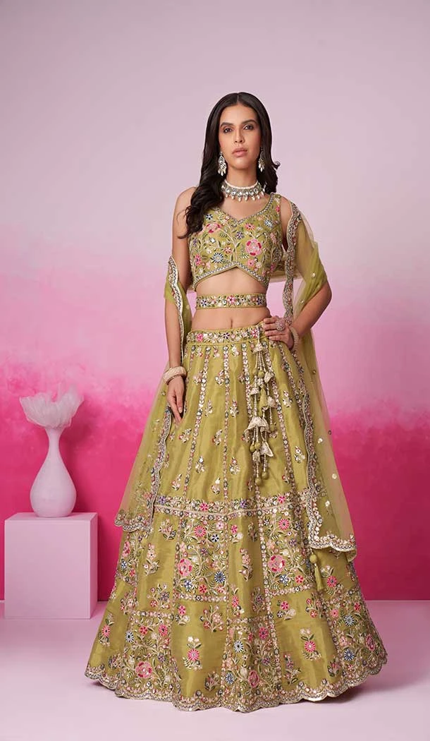 Net Embroidery Work Sangeet Ceremony Lehenga Choli In Mustard -145409365