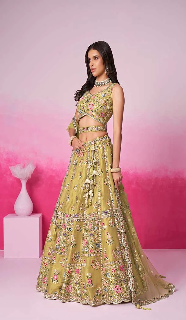 Net Embroidery Work Sangeet Ceremony Lehenga Choli In Mustard -145409365