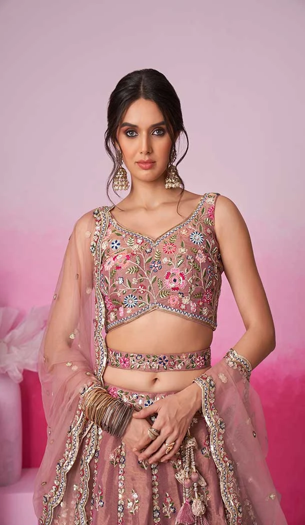 Net Embroidery Work Sangeet Ceremony Lehenga Choli In Rose Gold -145409366