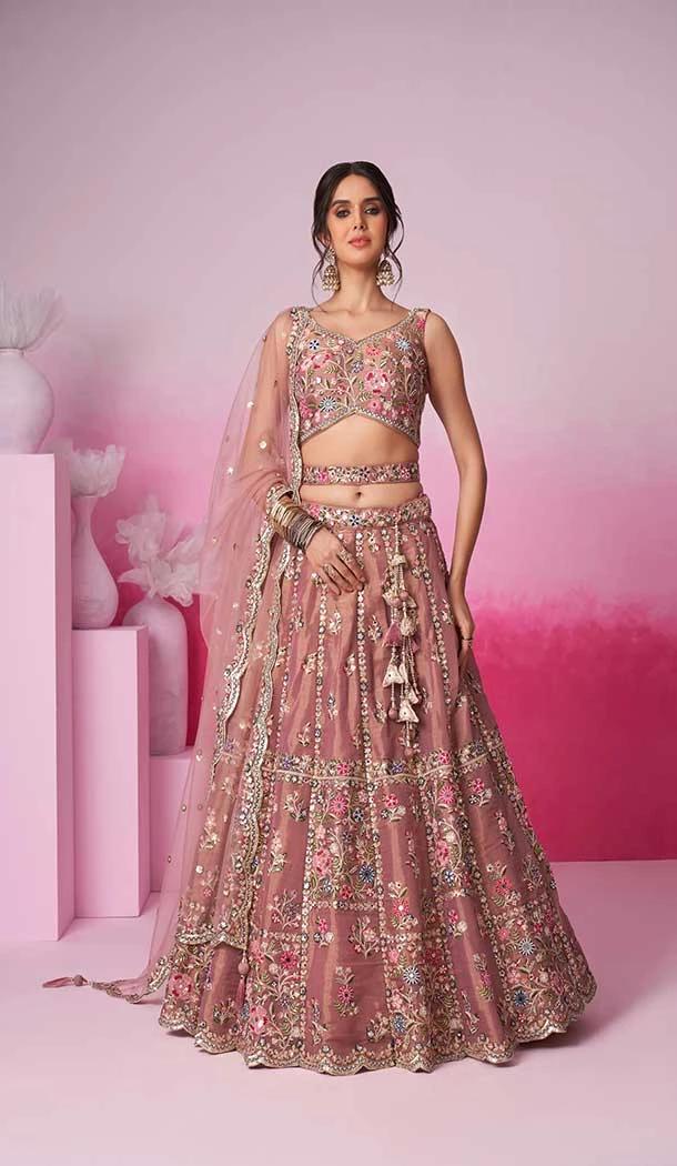 Net Embroidery Work Sangeet Ceremony Lehenga Choli In Rose Gold -145409366