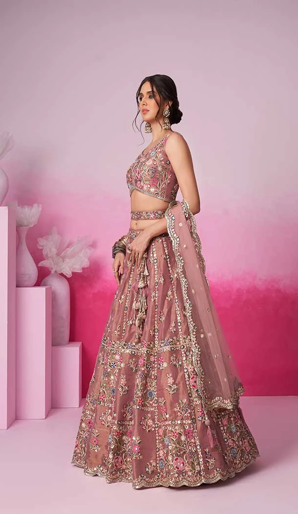 Net Embroidery Work Sangeet Ceremony Lehenga Choli In Rose Gold -145409366