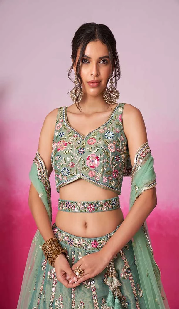 Net Embroidery Work Sangeet Ceremony Lehenga Choli In Pista Green -145409367