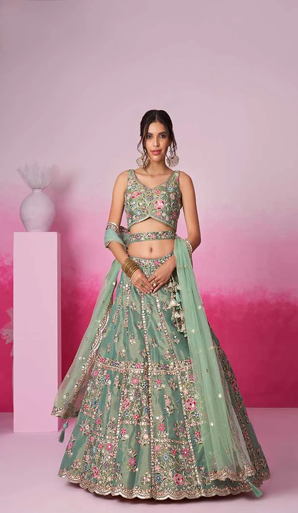Net Embroidery Work Sangeet Ceremony Lehenga Choli In Pista Green -145409367