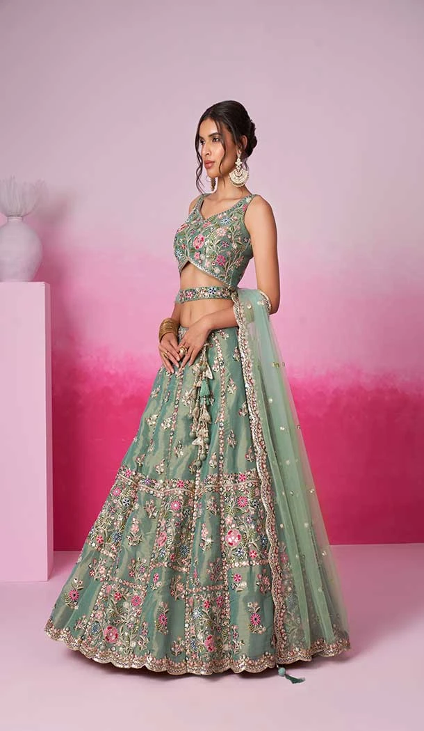 Net Embroidery Work Sangeet Ceremony Lehenga Choli In Pista Green -145409367