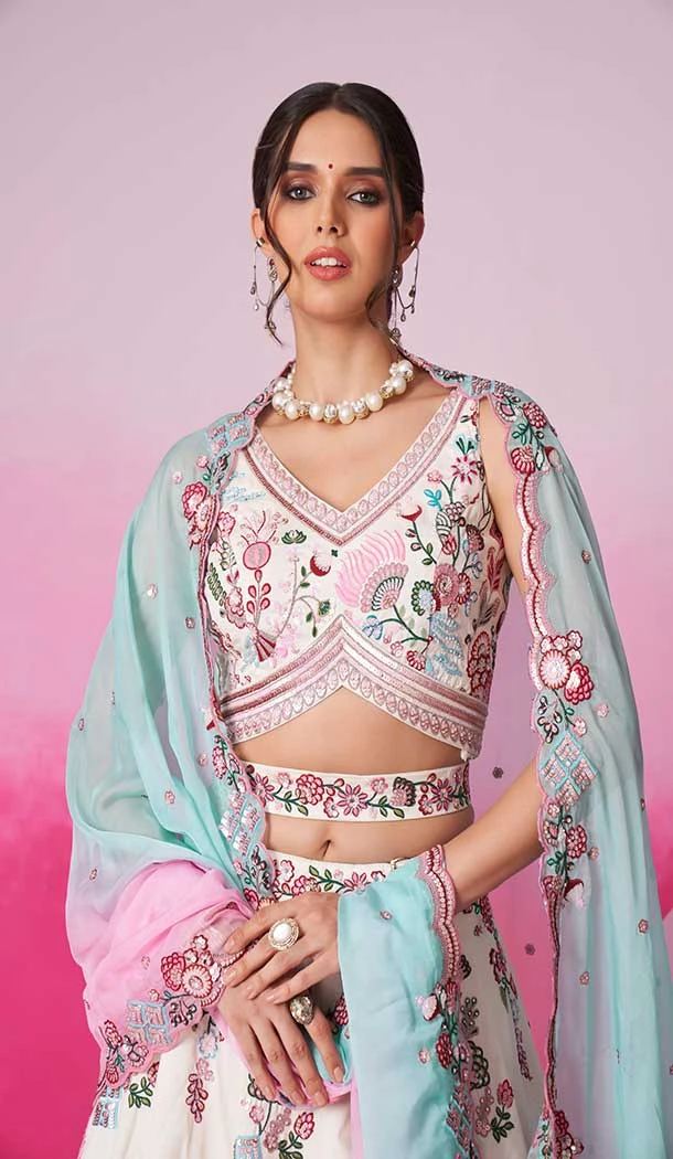 Silk Embroidery Work Sangeet Ceremony Lehenga Choli In Cream -145409368