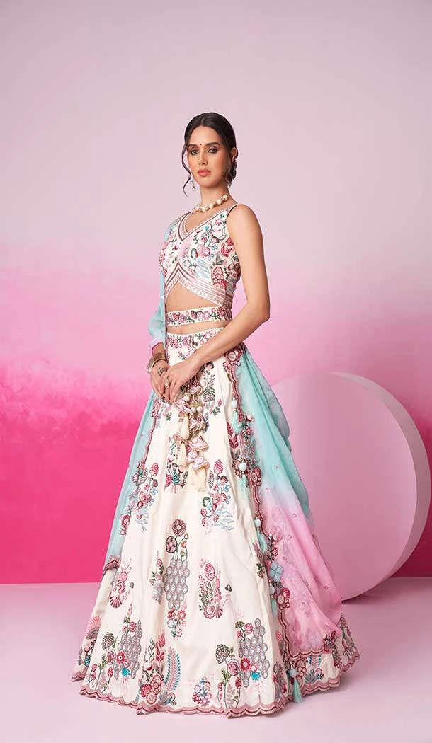 Silk Embroidery Work Sangeet Ceremony Lehenga Choli In Cream -145409368