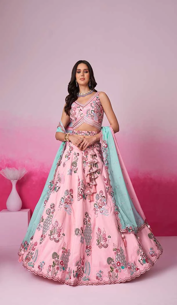 Silk Embroidery Work Sangeet Ceremony Lehenga Choli In Pink -145409369