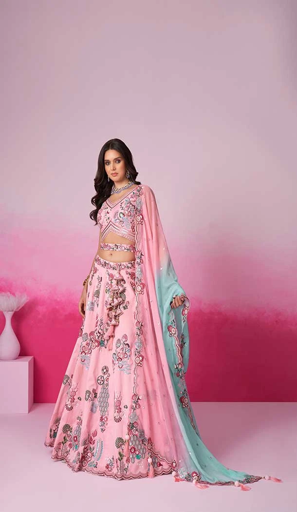 Silk Embroidery Work Sangeet Ceremony Lehenga Choli In Pink -145409369