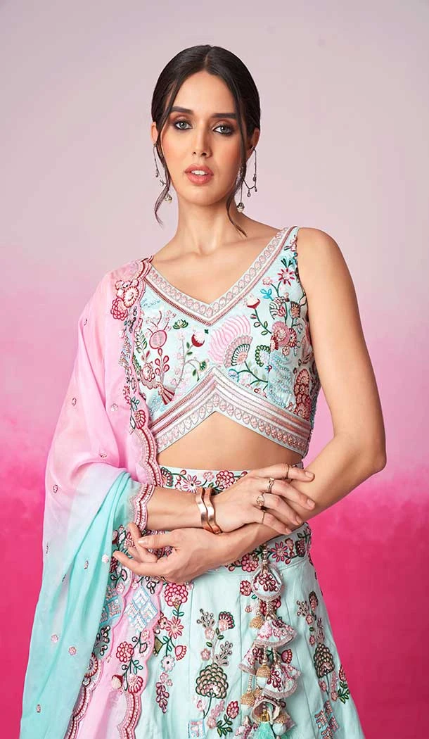 Silk Embroidery Work Sangeet Ceremony Lehenga Choli In Turquoise Blue -145409370