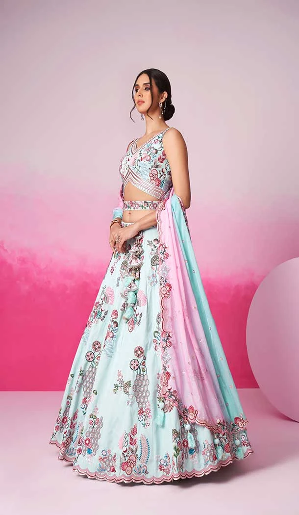Silk Embroidery Work Sangeet Ceremony Lehenga Choli In Turquoise Blue -145409370