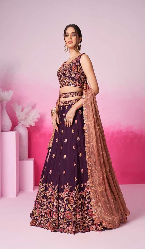 Chiffon Embroidery Work Sangeet Ceremony Lehenga Choli In Burgundy -145409371
