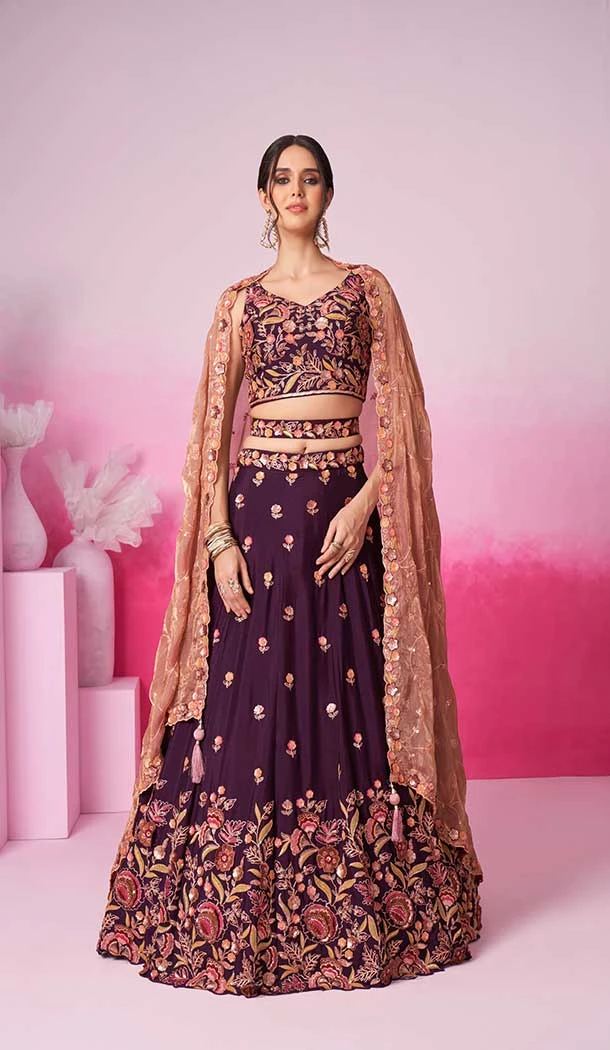 Chiffon Embroidery Work Sangeet Ceremony Lehenga Choli In Burgundy -145409371