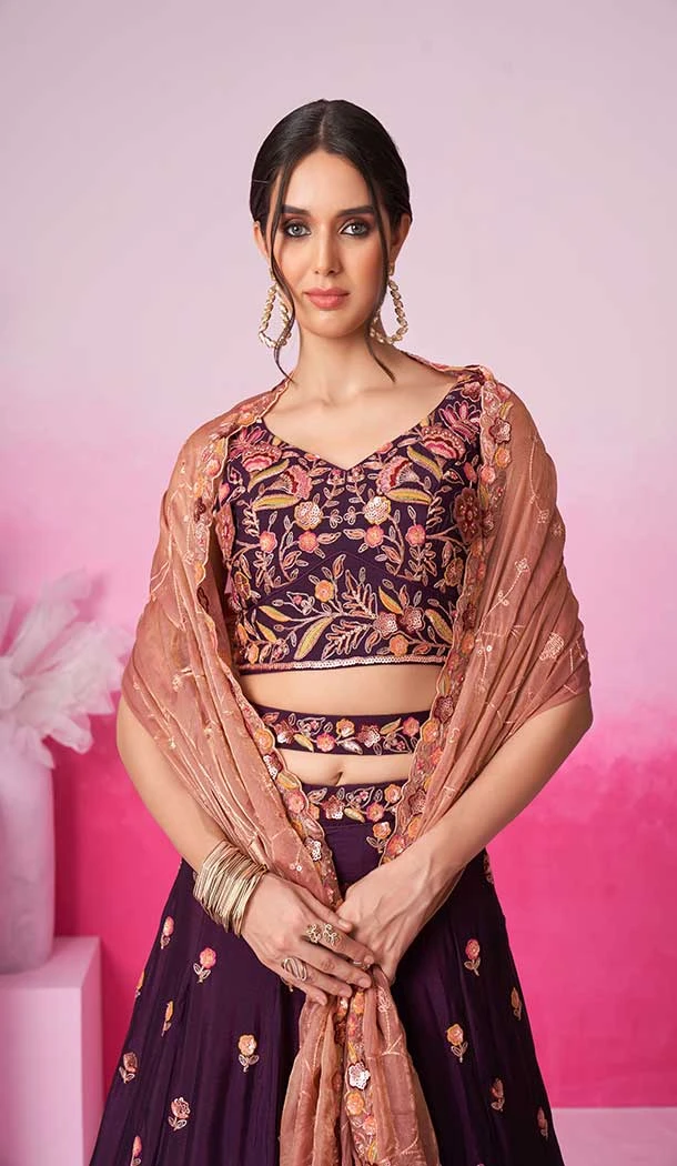 Chiffon Embroidery Work Sangeet Ceremony Lehenga Choli In Burgundy -145409371