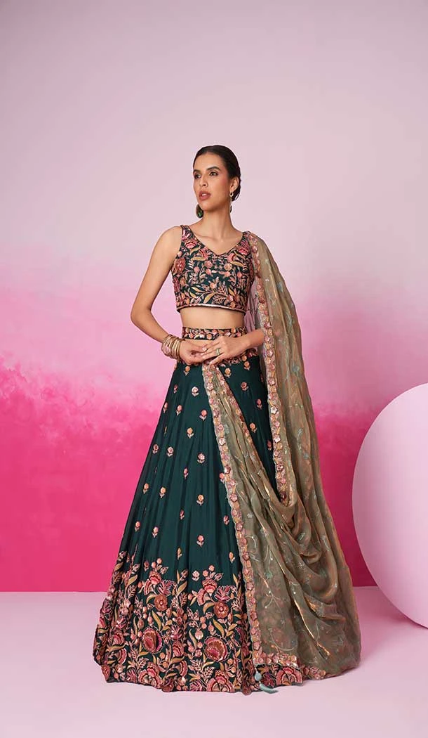 Chiffon Embroidery Work Sangeet Ceremony Lehenga Choli In Green -145409372