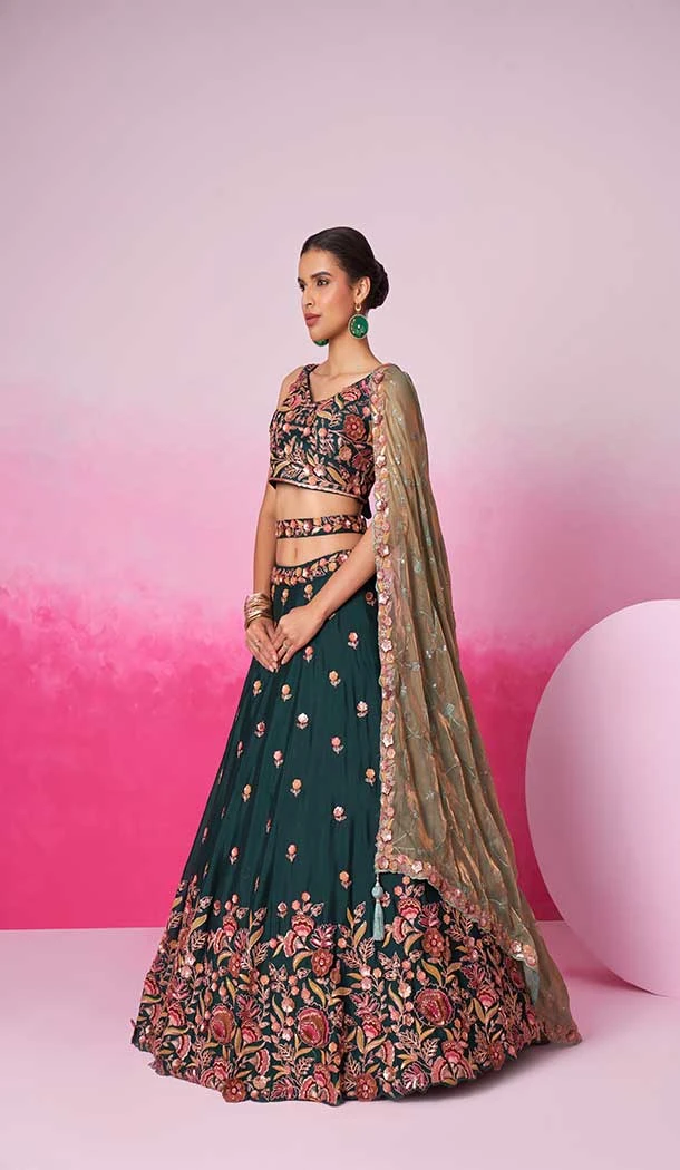 Chiffon Embroidery Work Sangeet Ceremony Lehenga Choli In Green -145409372