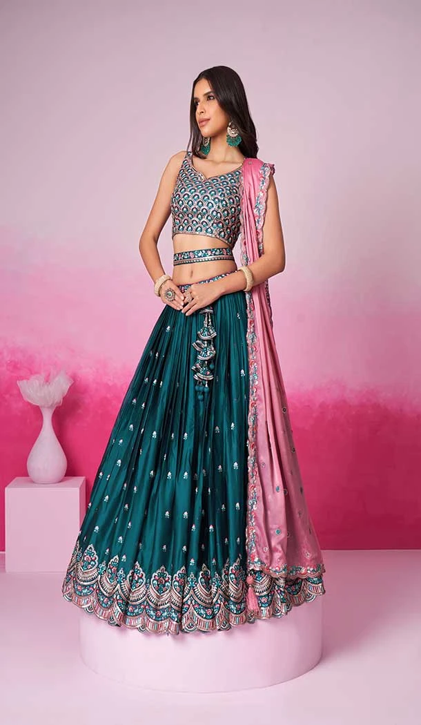 Georgette Embroidery Work Sangeet Ceremony Lehenga Choli In Teal Blue -145409373