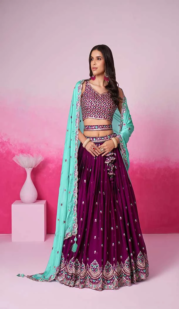 Georgette Embroidery Work Sangeet Ceremony Lehenga Choli In Burgundy -145409374