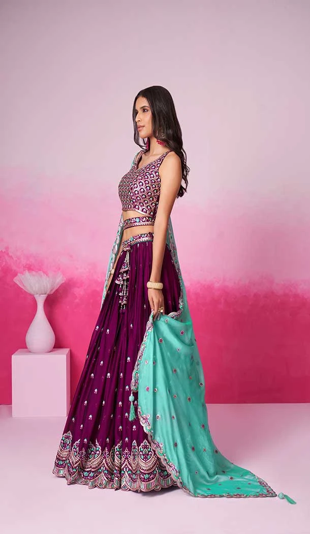 Georgette Embroidery Work Sangeet Ceremony Lehenga Choli In Burgundy -145409374