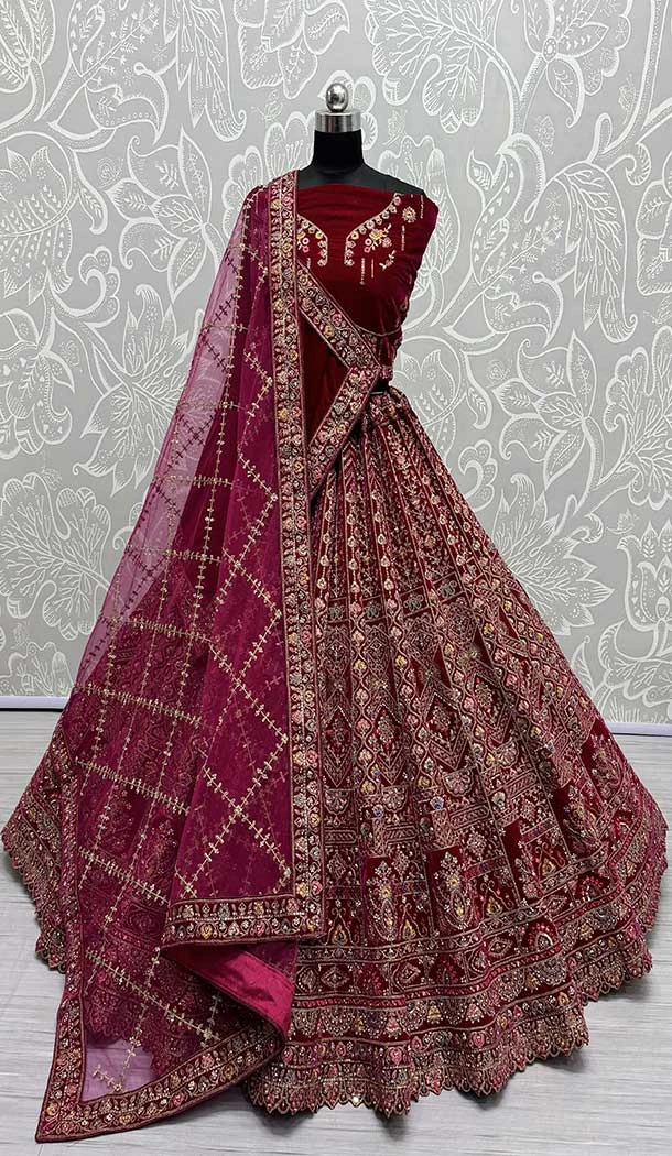Velvet Diamond Work Designer Bridal Wear Lehenga Choli In Pink -145539442
