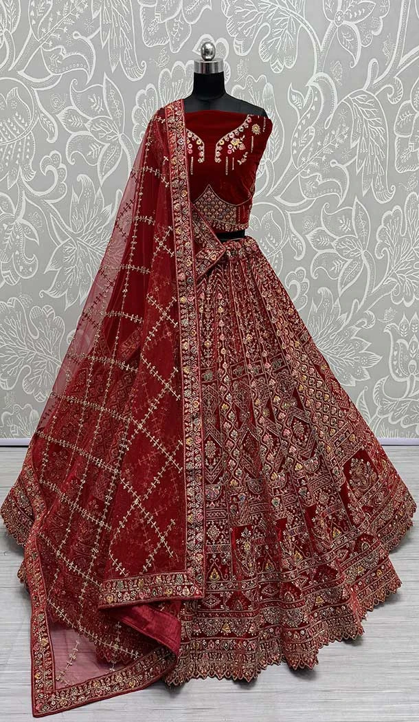 Velvet Diamond Work Designer Bridal Wear Lehenga Choli In Red -145539443