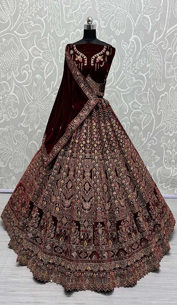 Velvet Diamond Work Designer Bridal Wear Lehenga Choli In Maroon -145539444